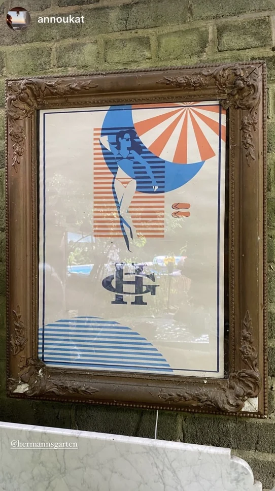 Original Hermanns Garden framed pin-up artwork in an ornate frame