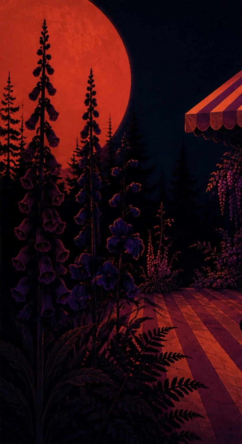 Vivid red moon above the dark garden and a striped vintage cabana