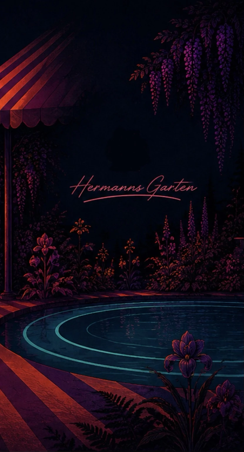 Midnight pool club with turquoise-lit swimming pool and pink Hermanns Garten sign