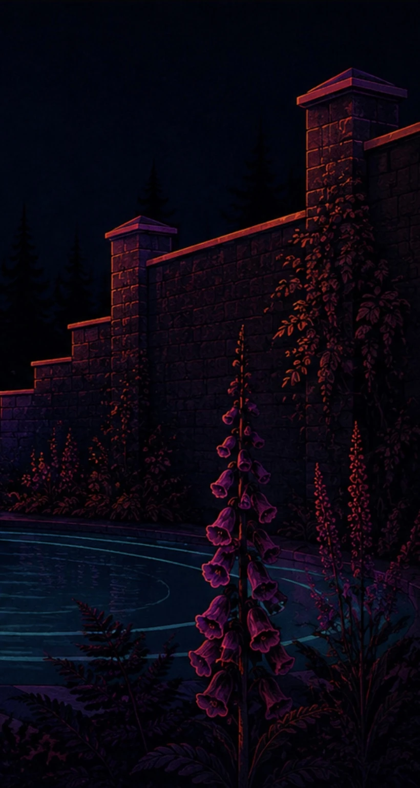 Enchanted night garden and high stone wall behind glowing foxgloves
